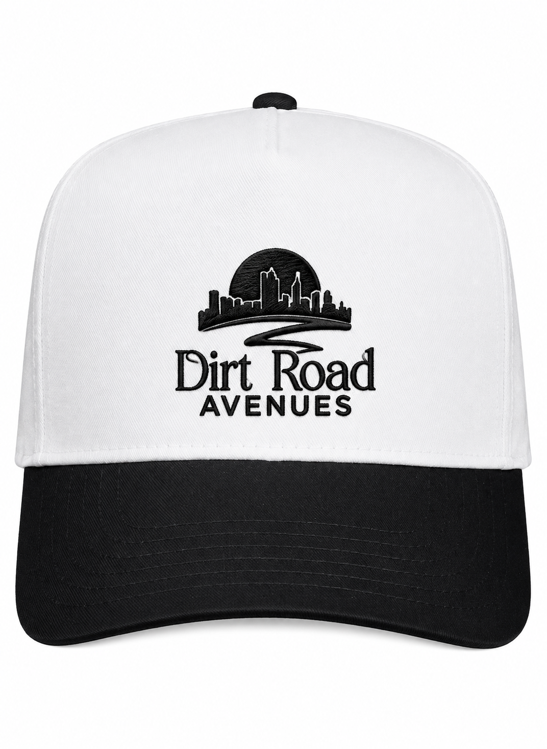 White and black cap with 'Dirt Road Avenues' logo on a white background
